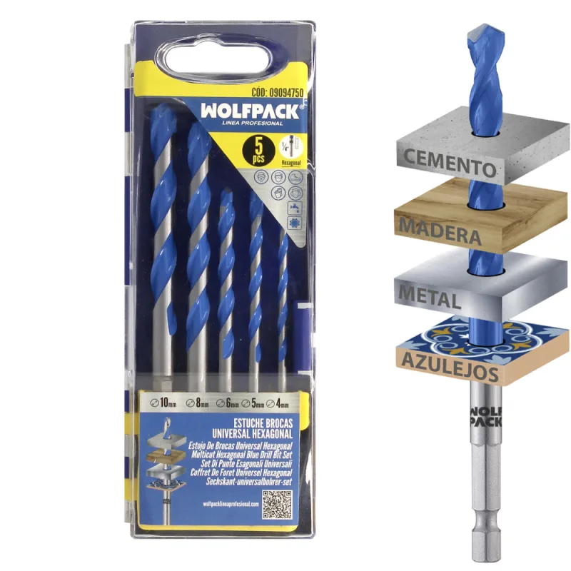 WOLFPACK LINEA PROFESIONAL Estuche 5 Brocas Universal Hexagonal Ø 4/5 / 6/8 10 mm. Broca Azulejos, Cerámica, Mármol, Hormigón, Metal, Madera, Plástico