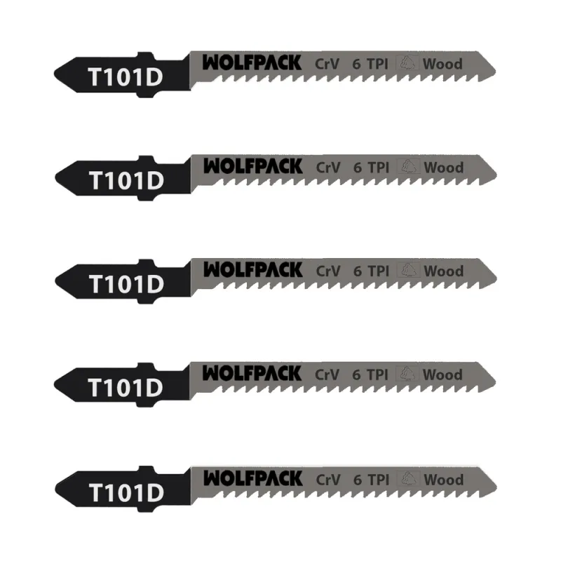 WOLFPACK LINEA PROFESIONAL Hojas Sierra Calar Para Contrachapado Corte Grueso 5 Piezas. Hoja Cromo Vanadio 58. Vastago T Universal