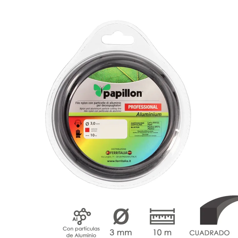 PAPILLON Hilo Nylon y Aluminio Desbrozadoras Cuadrado Professional Ø 3,0 mm. Rollo 10 metros. Hilo Nylon Corte Hierba, Jardin, Maleza