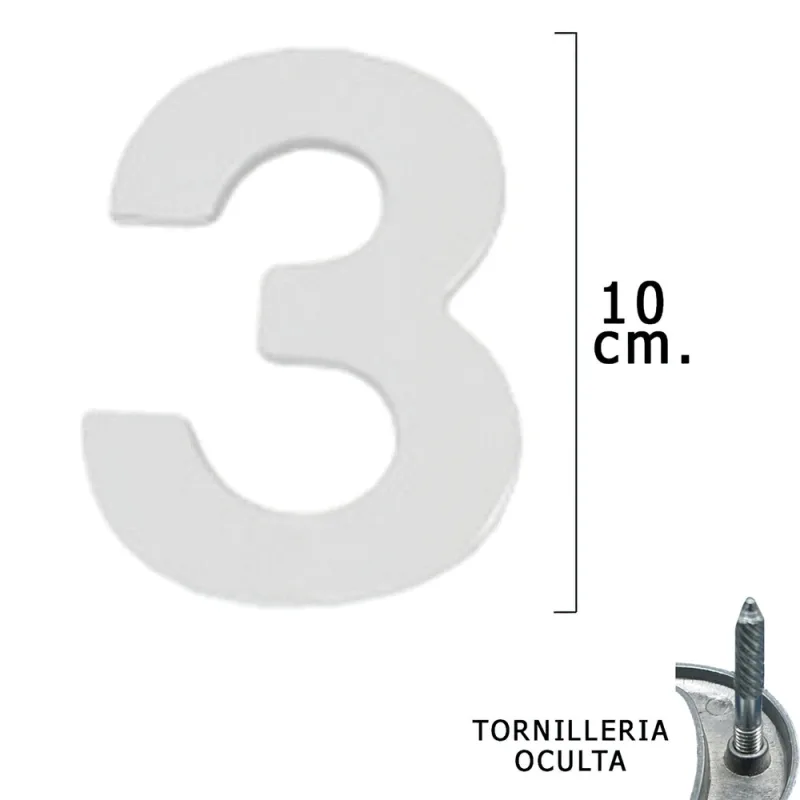 WOLFPACK LINEA PROFESIONAL - Numero Metal "3" Plateado Mate 10 cm. con Tornilleria Oculta (Blister 1 Pieza)