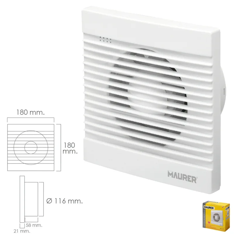 MAURER 19030605 Extractor Humos Baño 16 Watt. Salida Ø 116 mm, Acrilnitrilo, butadio-estirol, 9x18x19 cm