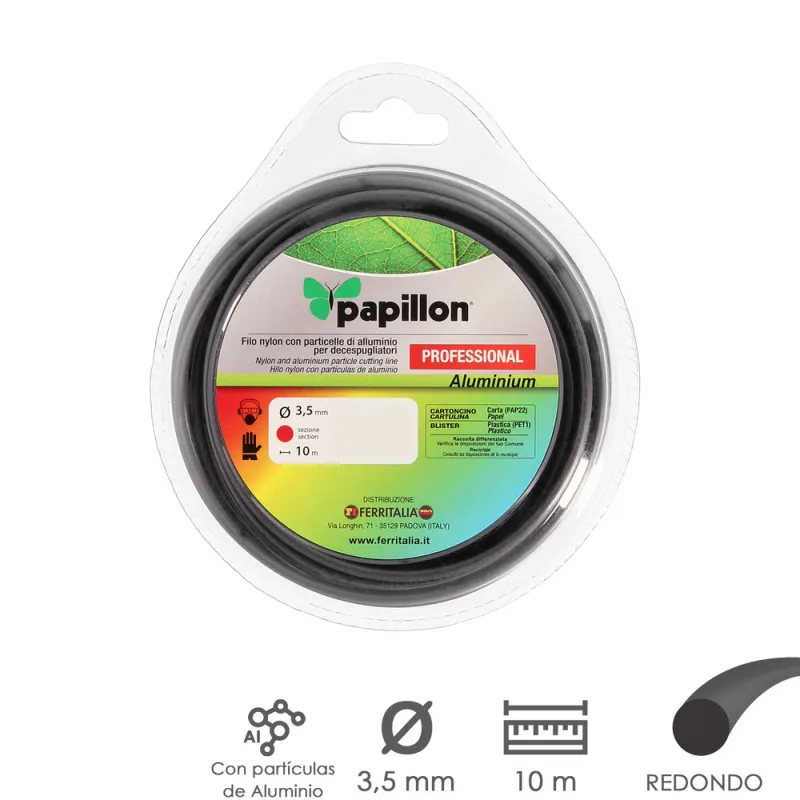 PAPILLON Hilo Nylon y Aluminio Desbrozadoras Redondo Professional Ø 3,5 mm. Rollo 10 metros. Hilo Nylon Corte Hierba, Jardin, Maleza