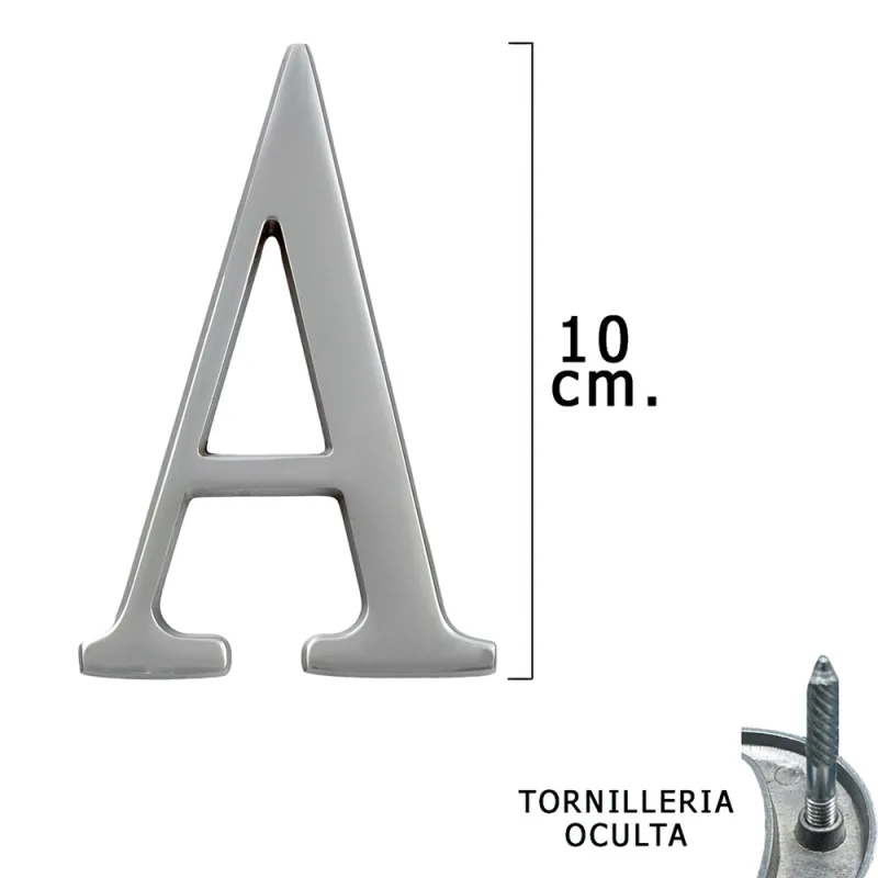 Letra Metal ""A"" Plateada Mate 10 cm. con Tornilleria Oculta (Blister 1 Pieza)