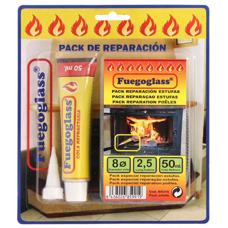 WOLFPACK LINEA PROFESIONAL - Kit Reparacion Estufas/Chimeneas, Cola Refractaria y Cordon Fibra Vidrio 8 mm. x 2,5 m.