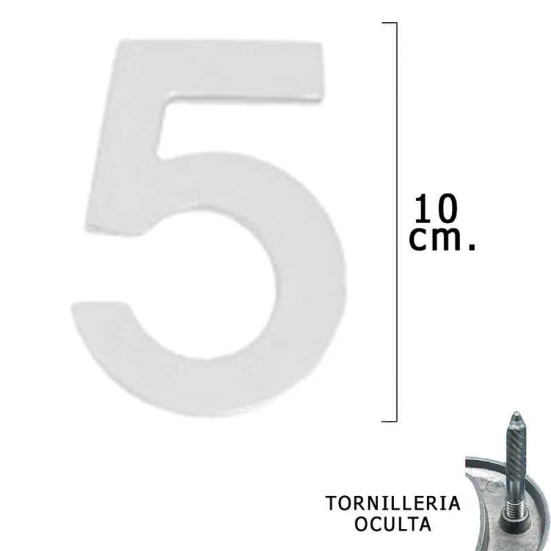 WOLFPACK LINEA PROFESIONAL - Numero Metal "5" Plateado Mate 10 cm. con Tornilleria Oculta (Blister 1 Pieza)