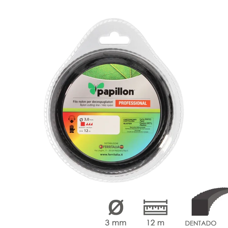 PAPILLON Hilo Nylon Desbrozadoras Cuadrado Dentado Profesional Ø 3,0 mm. Rollo 12 metros. Hilo Nylon Corte Desbrozadores Hierba,