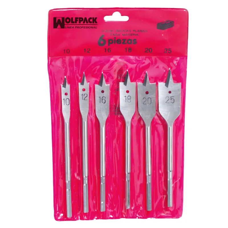 WOLFPACK LINEA PROFESIONAL - Juego Brocas Planas Madera 3 Puntas 6 Piezas