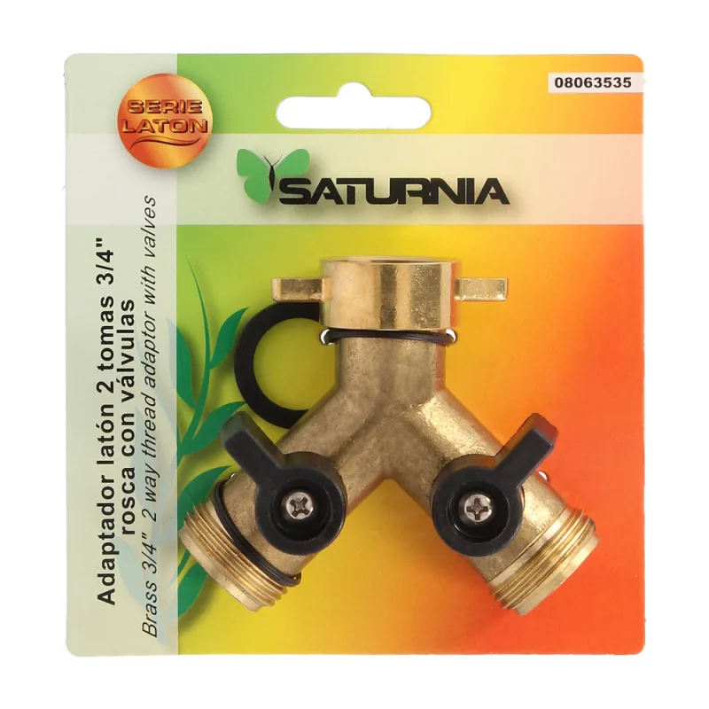 SATURNIA Adaptador Manguera Laton 2 Tomas Macho 3/4", Duplicador Grifo, Adaptador 2 Vias, Entrada 3/4" Hembra