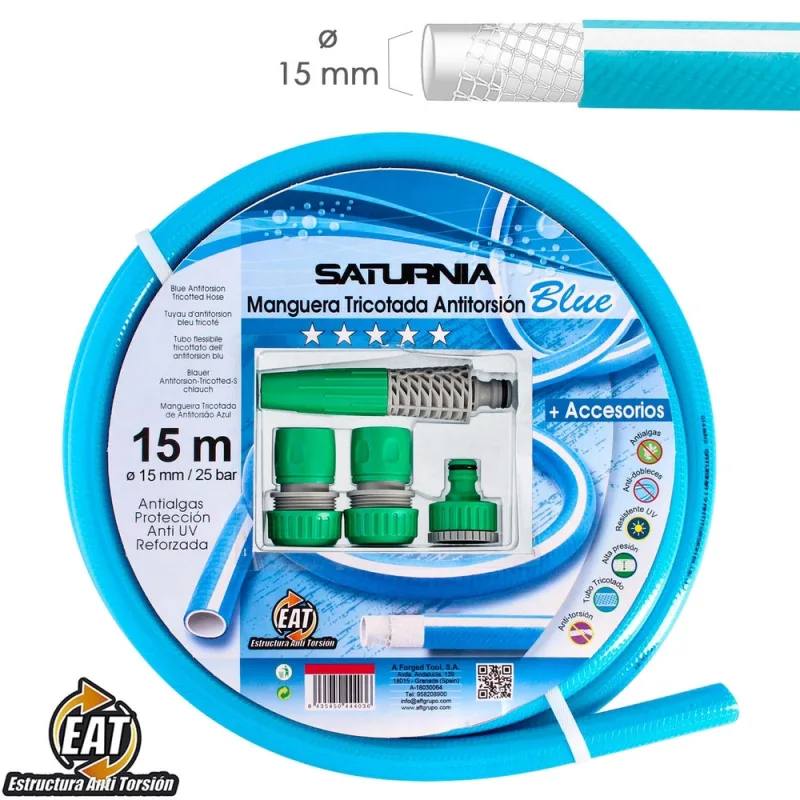 SATURNIA Manguera Tricotada No Torsion Blue Ø 15 mm. Rollo 15 metros. Con Accesorios, Manguera Anti Torsion, Manguera Sin Dobleces,