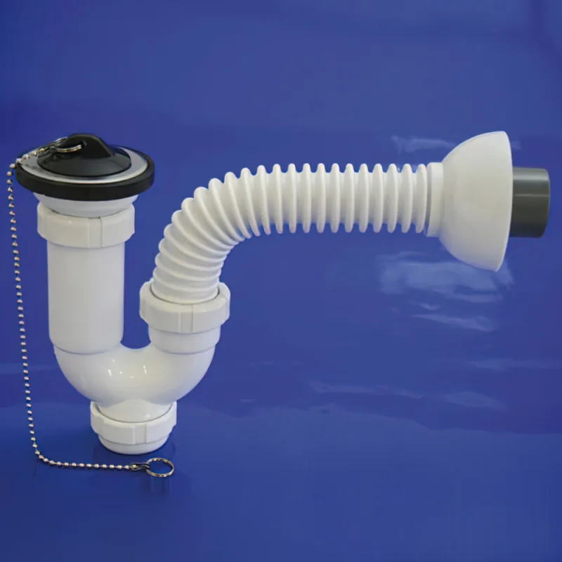 Sifon curvo extensible t-32-f multiorientable 1 1/2, con válvula y tapón.