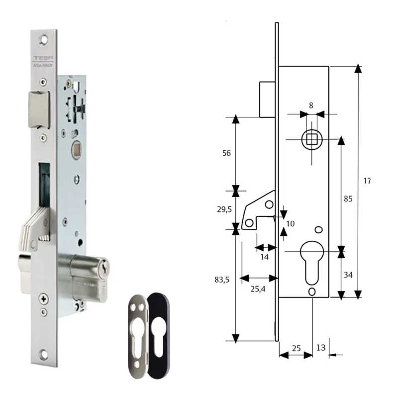 Tesa Assa Abloy 2240253NI Cerradura Monopunto De Palanca Basculante Para Perfiles Metálicos Inoxidable Entrada 25 mm 2240