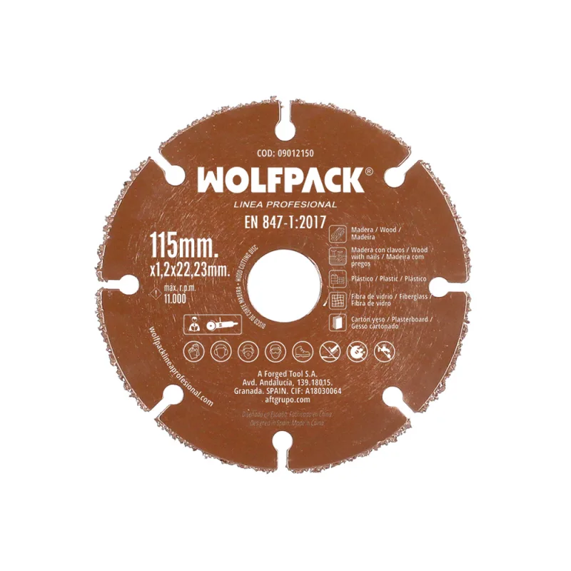 WOLFPACK LINEA PROFESIONAL Disco Corte Madera/Plastico Ø 115 mm. Filo De Carburo De Tungsteno