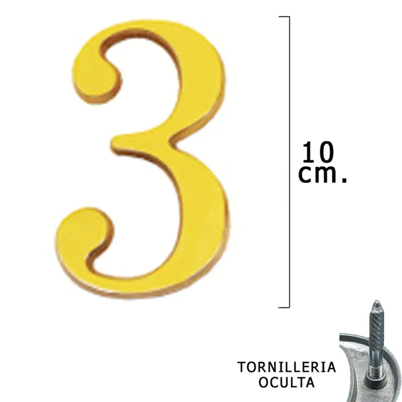 Numero Latón ""3"" 10 cm. con Tornilleria Oculta (Blister 1 Pieza)
