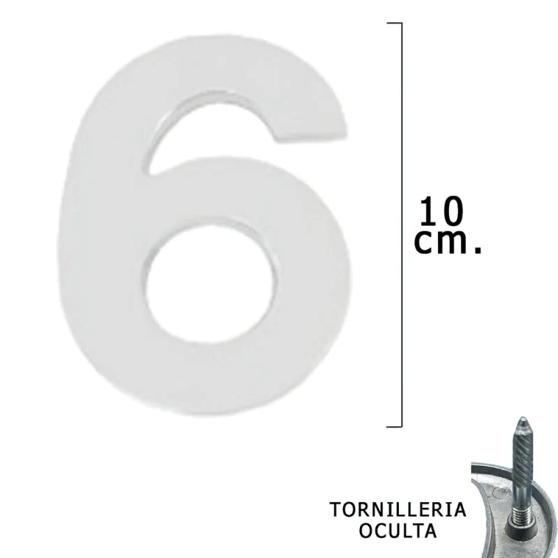 WOLFPACK LINEA PROFESIONAL - Numero Metal "6" Plateado Mate 10 cm. con Tornilleria Oculta (Blister 1 Pieza)