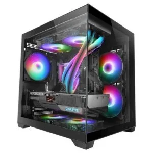 Mars Gaming MC-VIEW2, Caja Gaming MicroATX, Doble Cristal Templado Continuo Sin Marco, 1x Ventilador FRGB Trasero 120mm, Soporte Refrigeración Líquida hasta 240mm, Estructura de Doble Cámara, Negro
