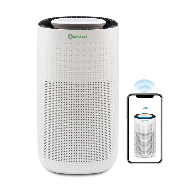 MEACO MeacoClean CA-HEPA 76x5, purificador de aire, ideal para hogar y oficina, control Wi-Fi, filtro HEPA H13, ultra silencioso 25 dB, sensor de calidad del aire, blanco