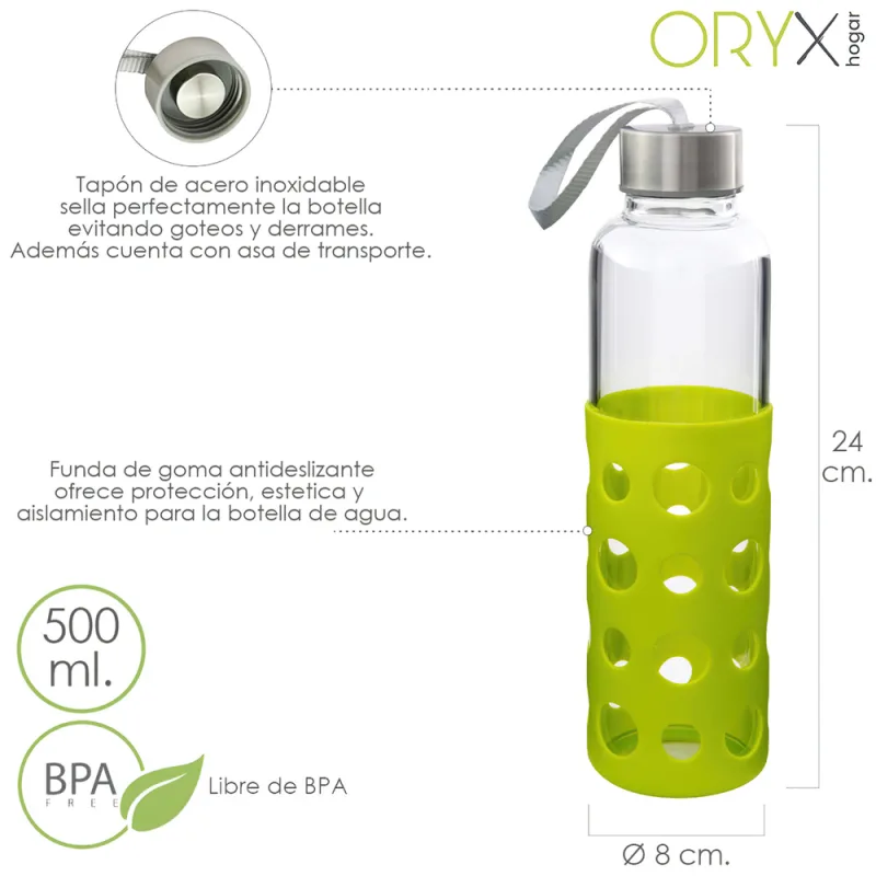 ORYX Botella Agua Fabricada En Cristal Con Funda De Goma y Tapon Antigotas, 500ml, Libre de BPA