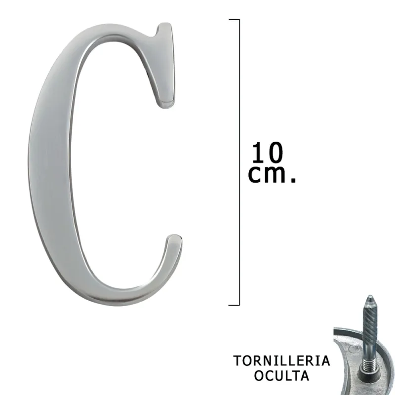 WOLFPACK LINEA PROFESIONAL - Letra Metal "C" Plateada Mate 10 cm. con Tornilleria Oculta (Blister 1 Pieza)