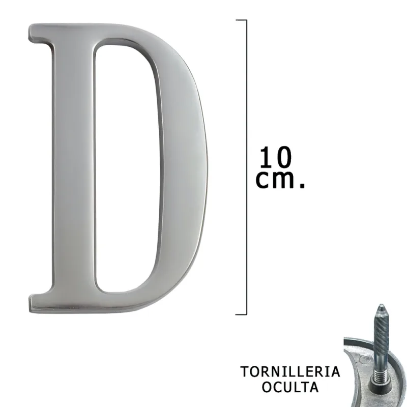 Letra Metal ""D"" Plateada Mate 10 cm. con Tornilleria Oculta (Blister 1 Pieza)