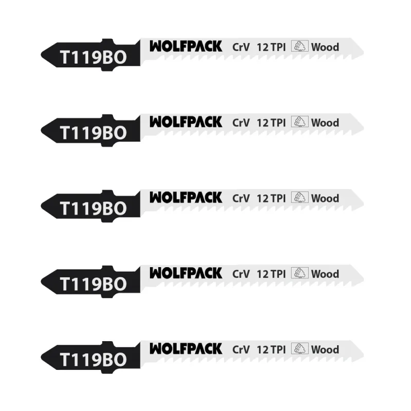 WOLFPACK LINEA PROFESIONAL Hojas Sierra Calar Para Madera Corte Fino 5 Piezas. Hoja Cromo Vanadio 58. Vastago T Universal