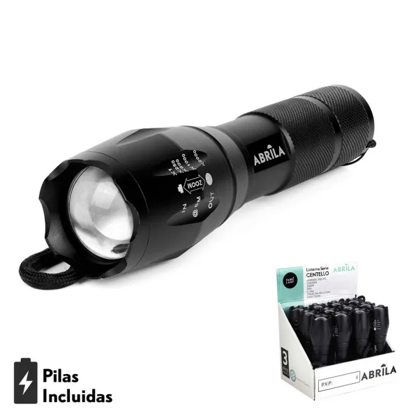 Linterna led aluminio centello negra 5encend.+zoom 300lm ip44 c/asa 13,5-15,5x3,6d