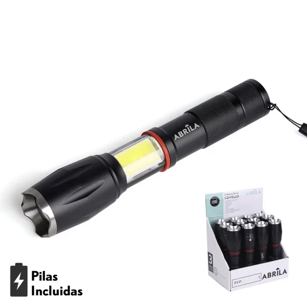 Linterna led centello negra 5encend.+cob+zoom ip44 300lm iman y asa 15,5/18,6x3,8x3,8 cm 3xaaa