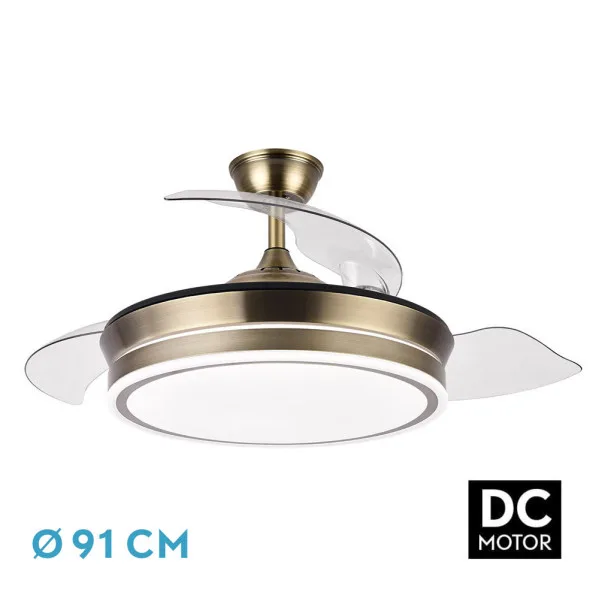 FABRILAMP - Ventilador de Techo Dorado Modelo BAYOMO S con Motor DC y 4 Aspas Retráctiles | Luz LED 59W | 3 Tonalidades | 6 Velocidades | Control Remoto | Función Invierno/Verano
