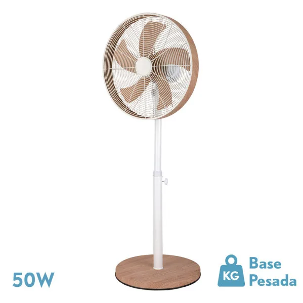 Abrila ALCAÑIZ ventilador de pie para interior doméstico, 50W, 5 aspas, 3 velocidades, oscilante, rotatorio, cabezal orientable, altura regulable, blanco/haya