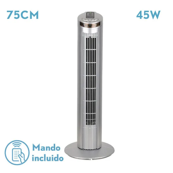 Ventilador de torre orbigo plata 3vel 45w c/remoto oscilante temporizador 75x27x27cm