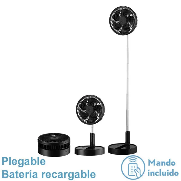 Abrila - Ventilador DC Portátil GALAN | Color Negro con cinco Aspas y puerto USB Recargable | 3 Velocidades Ajustables | Extensible | con Mando a Distancia y Temporizador | Fácil de Transportar