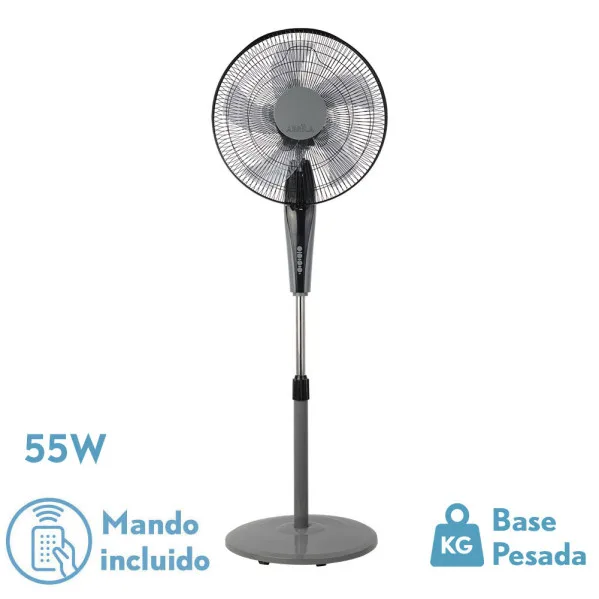 Ventilador de pie borlon negro/gris 3 vel.55w 5x2aspas orientable+ remoto+ temporizador regx43x40 cm