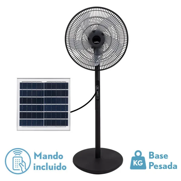 ABRILA RIALTO ventilador de pie solar para interior, motor DC, 3 velocidades, 5 aspas, panel solar, batería de litio, puerto USB, mando a distancia, negro