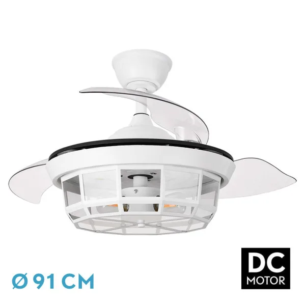 ABRILA-Ventilador DC Tornado Blanco | 3xE27 | 91D | 3 Aspas Retráctiles | 6 Velocidades | Control Remoto y Temporizador