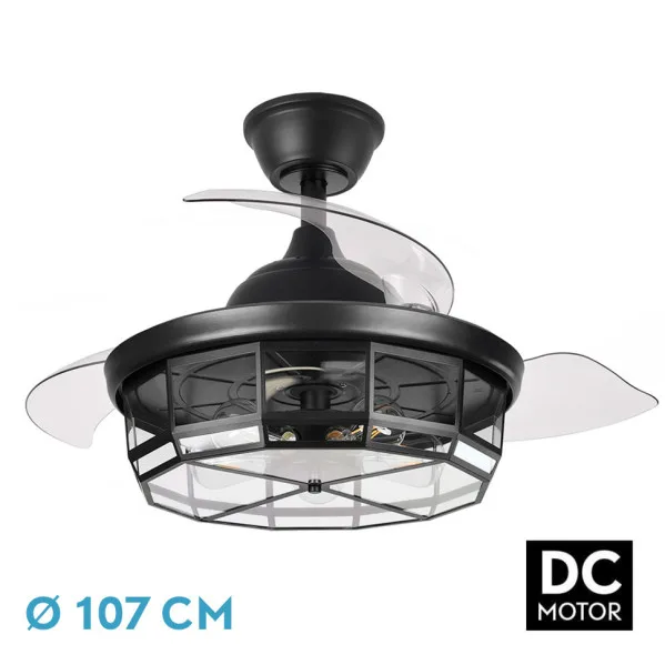 ABRILA-Ventilador DC Tornado Negro | 5x E27 | 3 Aspas Desplegables | 6 Velocidades | Control Remoto | Temporizador | Diseño Moderno