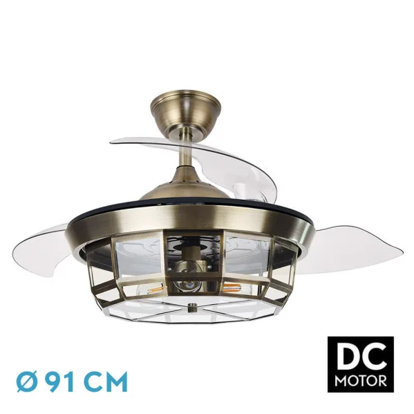 ABRILA-Ventilador DC Tornado Cuero| 3xE27 | 91D | 3 Aspas Retráctiles | 6 Velocidades | Control Remoto y Temporizador