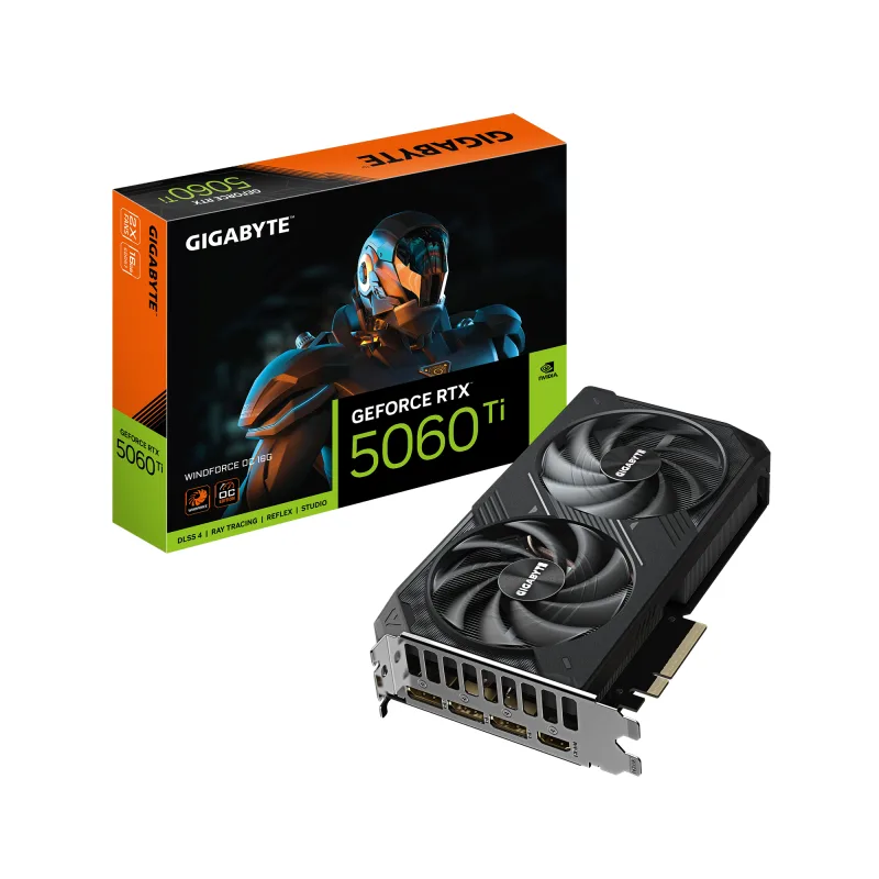 GIGABYTE GeForce RTX 5060 Ti WINDFORCE OC 16G Tarjeta Gráfica - 16 GB GDDR7, 128 bits, PCI-E 5.0, 2587 MHz Frecuencia del núcleo, 3 x DisplayPort, 1 x HDMI, GV-N506TWF2OC-16GD