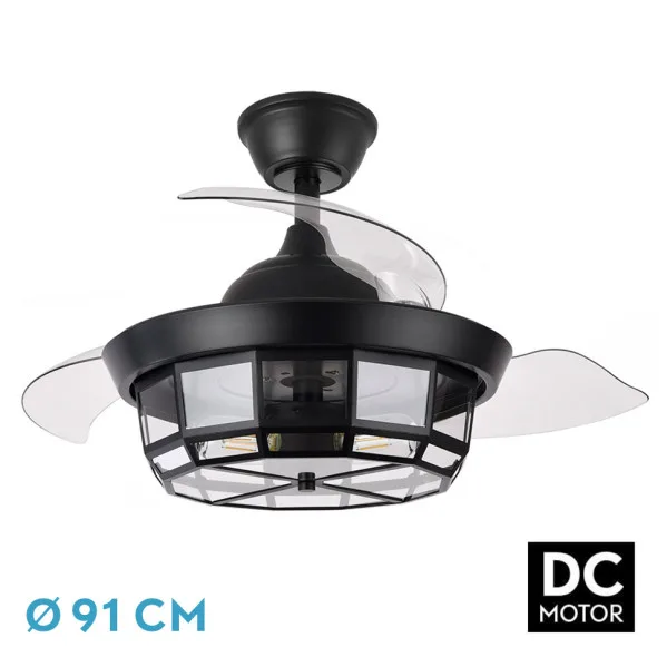 ABRILA-Ventilador DC Tornado Negro | 3xE27 | 91D | 3 Aspas Retráctiles | 6 Velocidades | Control Remoto y Temporizador