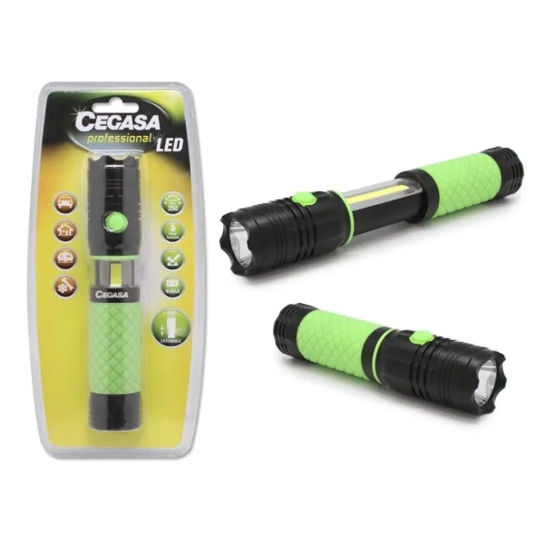 Cegasa profesional linterna led extensible con luz frontal 350lm y luz lateral 120lm - resistente al agua ip44 - funciona con 4 pilas aaa (no incluidas)
