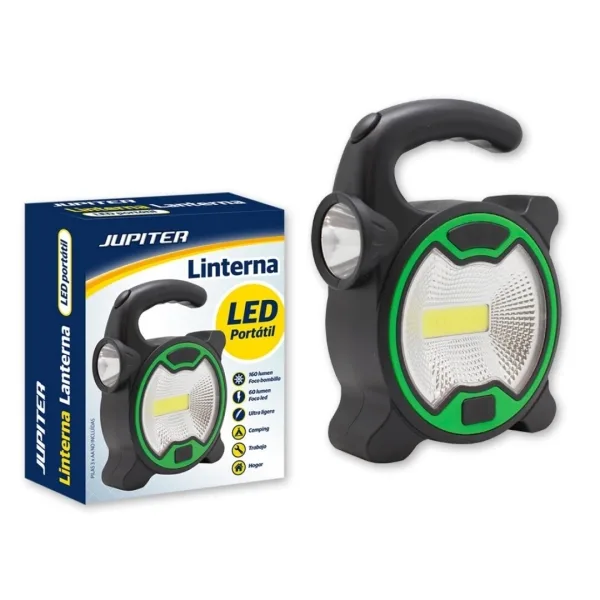 Jupiter linterna cob+1 led - foco bombilla 160lm, foco led 60lm - funciona con 3 pilas aa (no incluidas) - color negro/verde