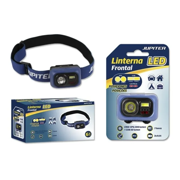 Jupiter linterna frontal led 200lm + cob 50lm - resistencia ip65 - goma ajustable para cabeza - funciona con 3 pilas aaa (no incluidas) - color azul