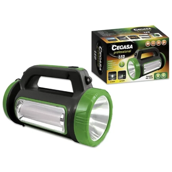 Cegasa profesional linterna multifuncion led - 5 modos de iluminacion - bateria de 1800mah - alimentacion solar y por usb - color negro/verde