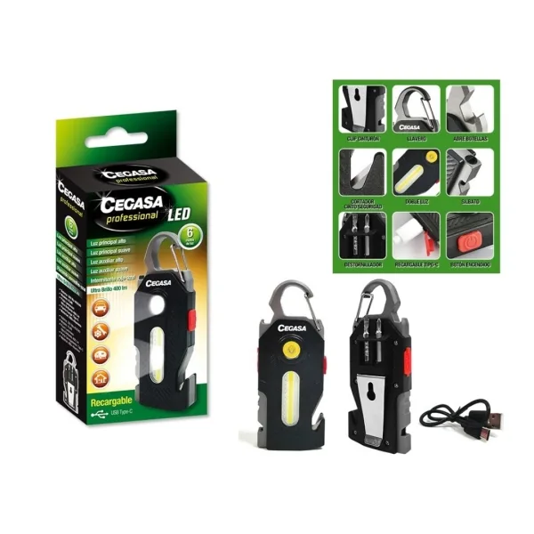 Cegasa COB - Linterna de supervivencia profesional + 1 LED de hasta 400 lúmenes, duración de hasta 1,5 horas, batería USB-C 300 mAh, color negro