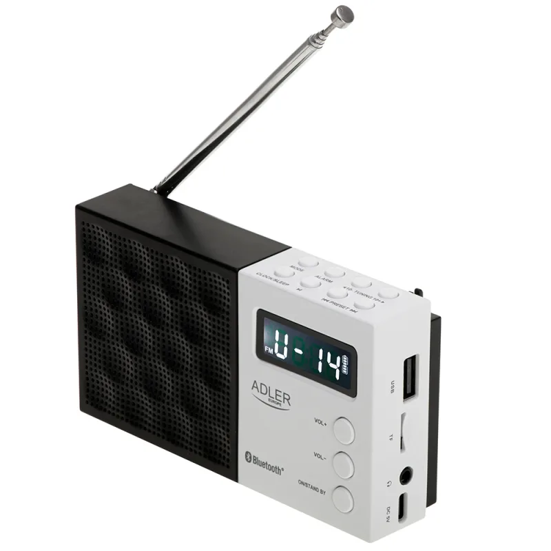 Adler Radio Portátil Digital AD 1908, Sintonización PLL Avanzada, FM con Bluetooth, Pantalla LCD, Batería extraíble de 800 mAh, Alarma, Antena Telescópica, Negro y Blanco