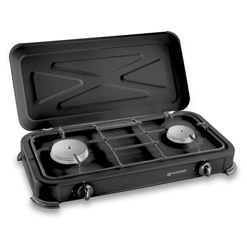 KEMPER - Cocina de gas portátil, accesorios de camping, estufa con 2 quemadores de 2600 W, placa con tapa negra