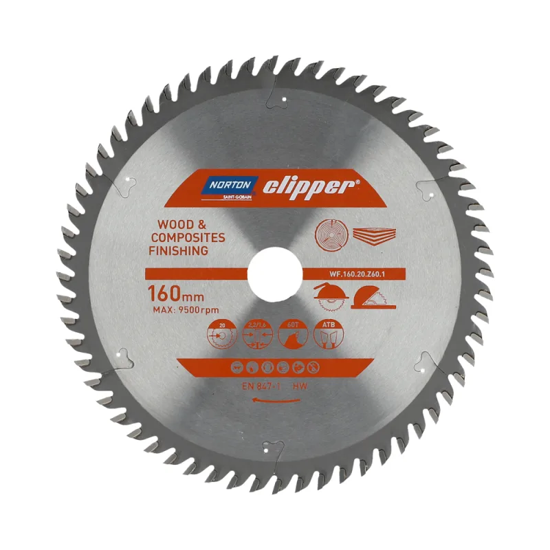 Sierra Circular Norton 160mm x 20mm x 60T(2,2 / 1,6), corte transversal, para madera y compuestos, geometría ATB, dientes de carburo, alta durabilidad, 9500 rpm