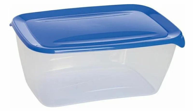 Contenedor para alimentos, Curver, modelo Fresh&Go rectangular 5L, ideal para conservar comida fresca, práctico y transparente, con tapa azul hermética