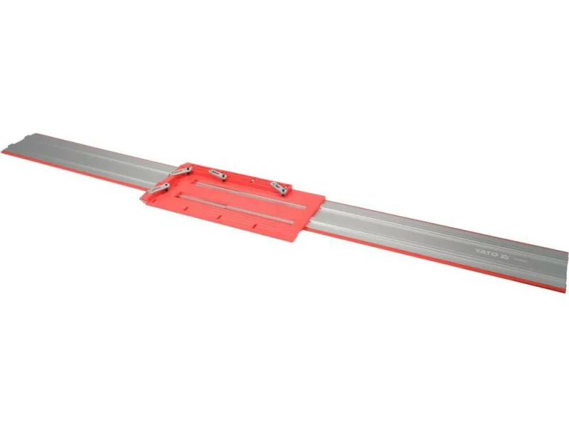 Guía universal Yato de 1350 mm con prensas, ideal para trabajos de corte y carpintería, alta precisión, ajustable y resistente, fácil instalación y uso seguro.