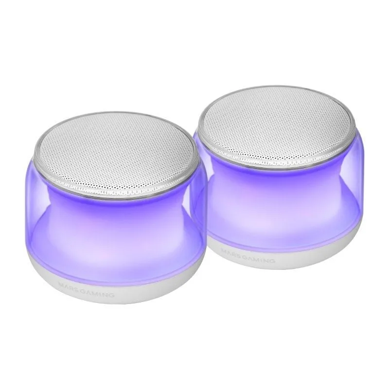 Mars Gaming MS-AURA, Altavoces Bluetooth 5.3, Chipset DSP Personalizado 15W, Iluminación RGB con Diseño ClearView 360º, Altavoces Compactos con Caja de Control de Volumen y RGB, Entrada AUX-IN, Blanco