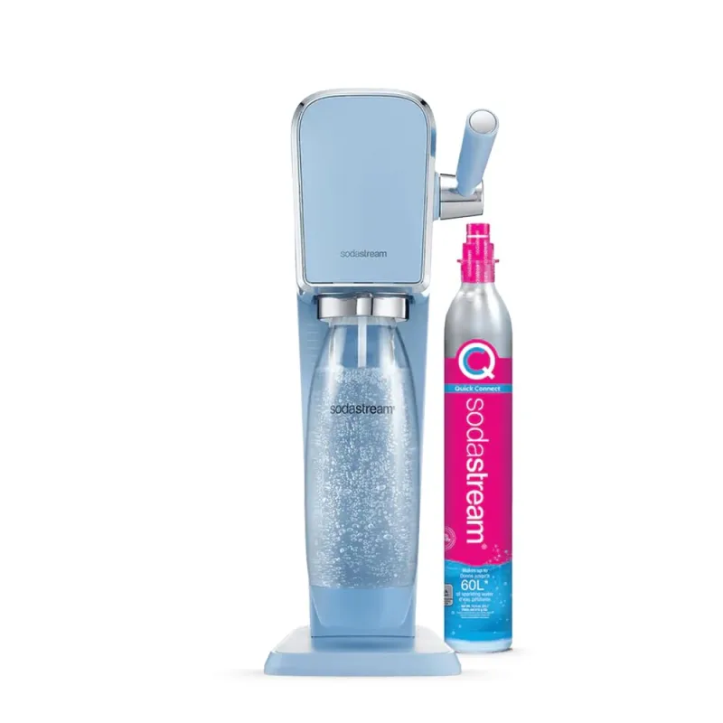 SodaStream ART - Máquina de agua con palanca de gasificación, 1 botella de 1 l compatible con lavavajillas y 1 recarga de gas de 60 l para clipser, color azul