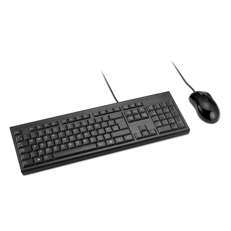 Kensington K75452ES - Set de Teclado y Ratón Ambidiestro con Cable KM100 EQ para PC de Sobremesa y Portátil, Diseño a Prueba de Salpicaduras, Compatible con Windows y Mac, QWERTY ISO, Negro